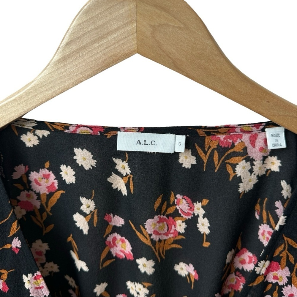 A.L.C. Carla Floral 100% Silk Wrap Crop Top Blouse Balloon Sleeves Black Small 6 - Picture 6 of 14